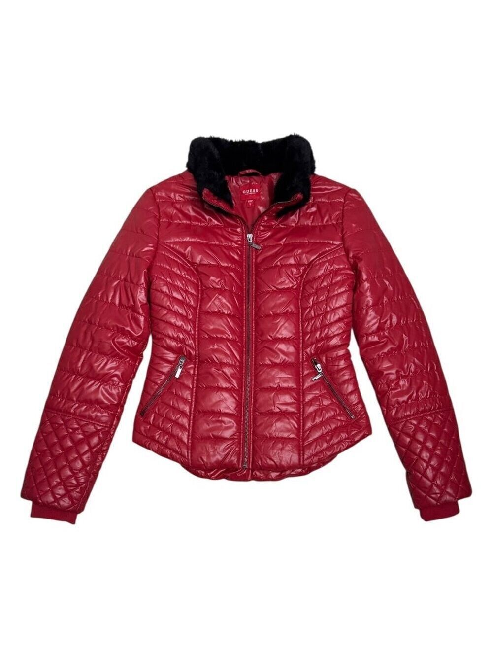 GUESS Puffer Jacket Red Designer Winter Parka Faux Fur Collar Coat Womens Small